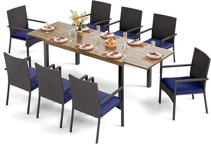 PHI VILLA 9 Piece Patio Dining Set for 8, Expandable Wood-Like Metal Dining Table & Wicker Chairs with Cushions, Large Dining Furniture for Outdoor Deck, Backyard, Porch
