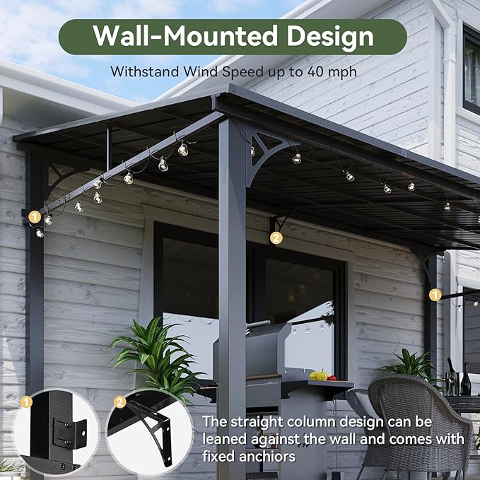 Aoxun 10' x 12' Lean to Gazebo, Hardtop Outdoor Pergola with Sloping Galvanized Steel Roof, Large Wall-Mounted Heavy Duty Awnings for Patio, Backyard, Deck, Porch (Dark)