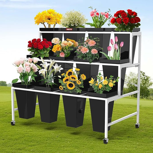 3 Layers Flower Display Stand with Buckets, 12 PCS Buckets Plant Stand with Wheels, Movable Metal Plant Stand for Terrace Garden, Living Room, Florist Shop