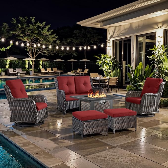 6 Pieces Patio Furniture Set with Fire Pit Table, Wicker Rattan Outdoor Furniture Set with Loveseat and Swivel Chairs for Yard, Deck, Garden, Brown Wicker/Red Cushion