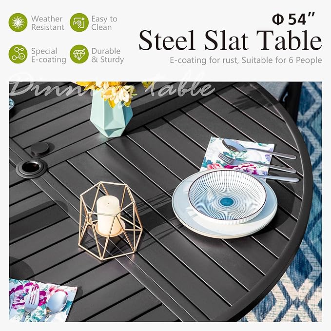 Sophia & William Round Patio Table and Chairs Set, Outdoor Dining Set for 6, 7 Piece Metal Patio Furniture, 54" Black Table(Stripe)