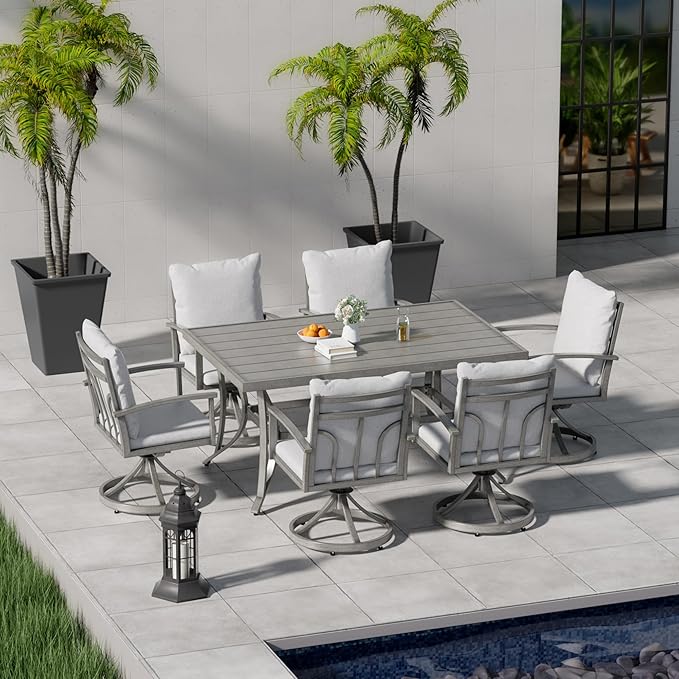 HAPPATIO 7-Piece Outdoor Dining Set - All Aluminum Patio Table and Chairs Set for 6 Includes 1 Rectangular Dining Table and 6 Swivel Dining Chairs with Cushions for Lawn, Garden, Backyard
