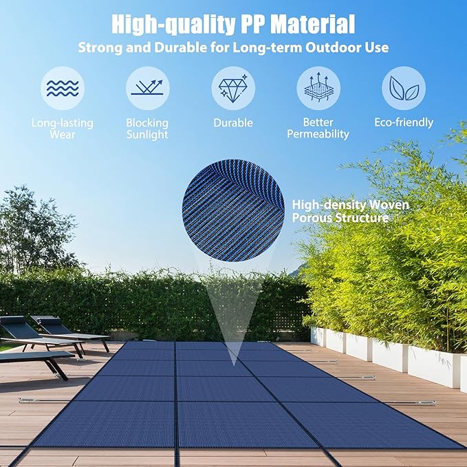 Inground Pool Cover Safety Fits Rectangle Swimming Pool, Mesh Solid Pool Cover for Inground Pools,Winter Pool Safety Cover Includes Safety Net and Installation Tools Blue (Blue, Fits 12x20ft Pools)
