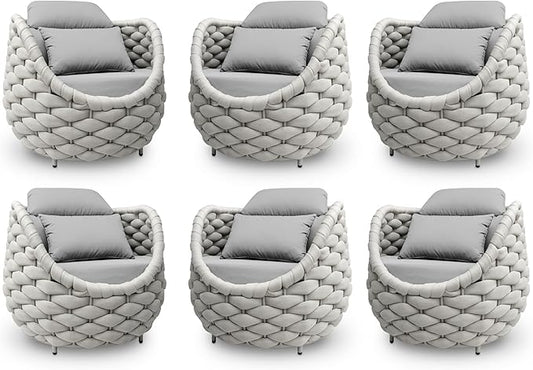 Patio Accent Chairs Set of 6: Aluminum Porch Lounge Chair with Arms - Woven Rope Cushioned Armchair - Modern One Seater Chair - Outdoor Deck Furniture for 400lbs Balcony Lanai Garden Hotel, Gray