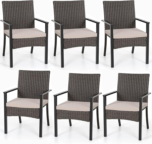 PHI VILLA Outdoor Wicker Chairs Set of 6, Rattan Covered Metal Armchairs with Removable Cushion, Heavy Duty Furniture Set for Patio, Deck, Porch, Yard