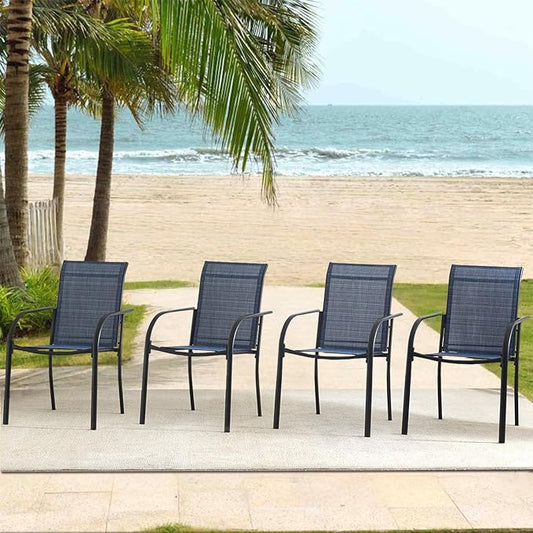 Outdoor Dining Chairs Set of 4, Stackable Patio Chairs with Textilene Fabric, Lightweight Garden Chairs for Poolside, Backyard, Camping, Dark Blue