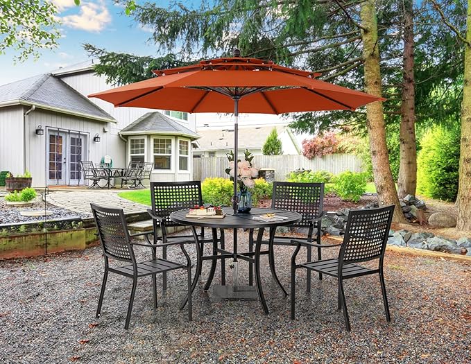 PHI VILLA 5 Pieces Patio Dining Set with 10ft Patio Umbrella, Metal Patio Circle Table Outdoor Stackable Wrought Iron Chair Set of 4 & 42" Large Round Dining Table,3 Tier Vented Orange Red Umbrella