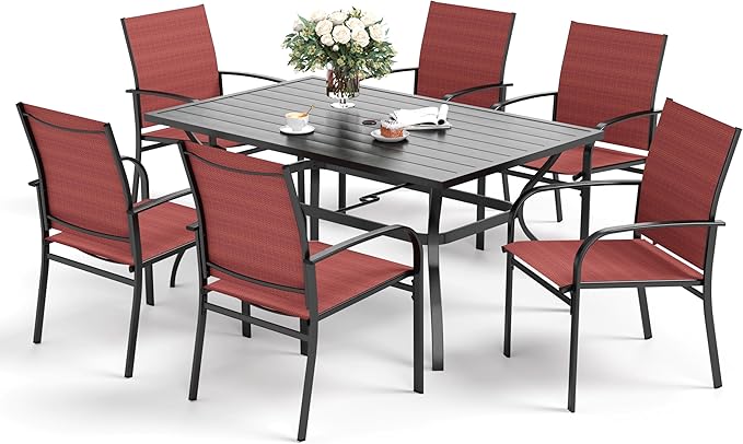 7 Piece Patio Dining Set for 6, Rectangular Metal Dining Table with Umbrella Hole and 6 Chairs, Outdoor Table and Chairs Set for Lawn Backyard and Deck, Red