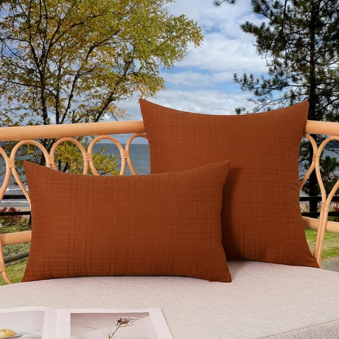Kevin Textile Fall Pack of 2 Outdoor Waterproof Pillow Covers Checkered Decorative Cushions Sham Throw Pillowcases Shell for Patio Tent Garden Couch Bed Sofa 18x18 Inch Burnt Orange