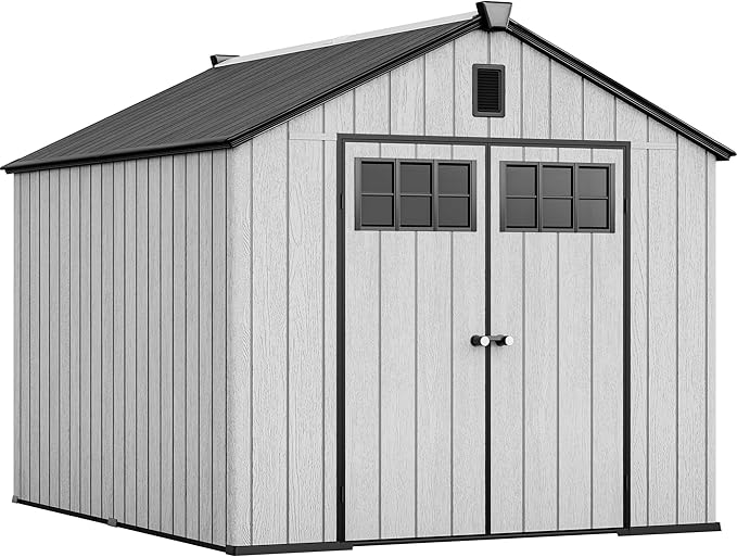 YITAHOME Outdoor Storage Shed 8x10 Ft, Plastic Storage Sheds with Floor, Lockable Doors, Windows, and Vents for Patio, Lawn, Backyard, Large Garden Storage for Bikes, Mowers, and Garden Tools, Gray