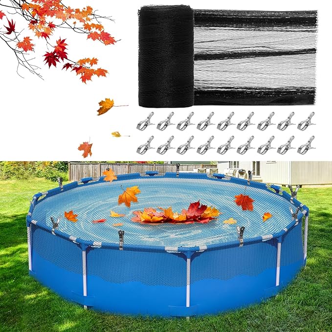 24 Feet Round Leaf Net Cover for Above Ground Pool,Mesh Pool Net Cover with 18 Pcs Pool Cover Clips Fits 24FT Above Ground Pools, Keeps Leaves Out of Your Pool (Black, 24FT)
