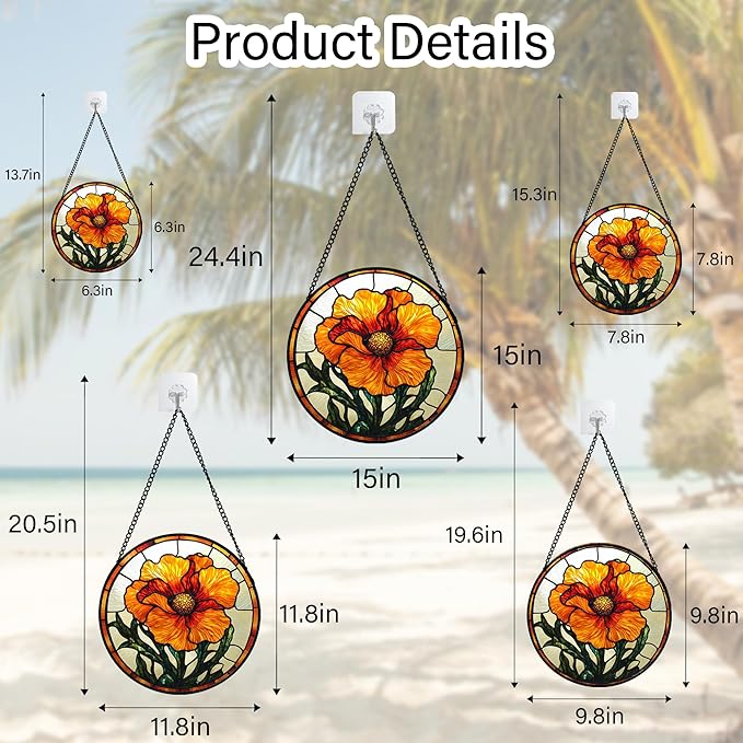 Stained Glass Window Hanging - Orange Poppy Birth Flower Suncatcher for Door Garden Yard Retro Sun Catchers Decor Christmas Mother's Day Birthday Gifts for Women Mom Nana Friend 7.8 in