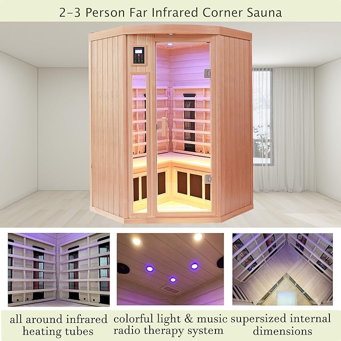 Ceramic Infrared Sauna 2-3 Person Infrared Saunas for Home Low EMF Indoor Home Sauna Spa Hemlock Wooden Corner Sauna Room with Bluetooth Speakers, LED Reading Lamps, Chromotherapy Lights