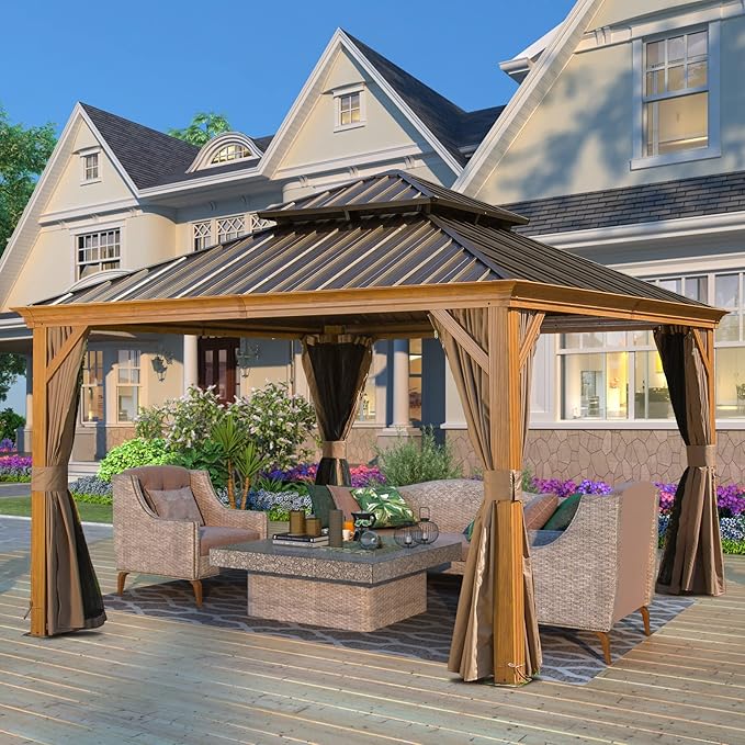 Domi Outdoor Living 12’x12’ Hardtop Gazebo, Wooden Coated Aluminum Frame Canopy with Galvanized Steel Double Roof, Outdoor Permanent Metal Pavilion with Curtains and Netting for Patio, Deck and Lawn