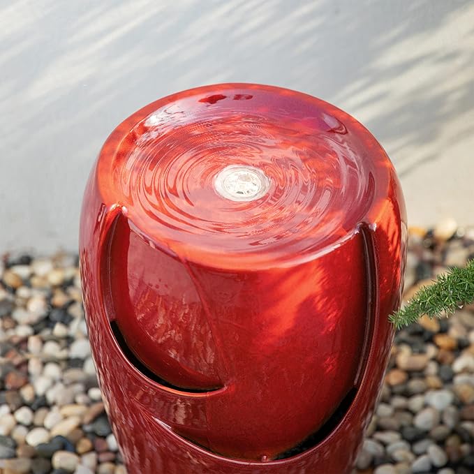 Glitzhome 21.25" H Ceramic Vase Outdoor Water Fountain Tall Patio Garden Water Fountain with LED Light and Submersible Pump Yard Art Decor, Red