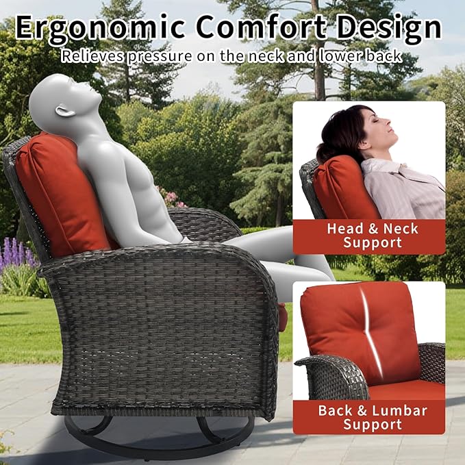 3 Pieces Patio Furniture Set, Outdoor Swivel Rocking Chair Set of 2 with Side Table - 360° Swivel, Thick Cushions, All-Weather Bistro Set for Deck, Porch, Pool(Wine Red, Grey Full-Weave Rattan)