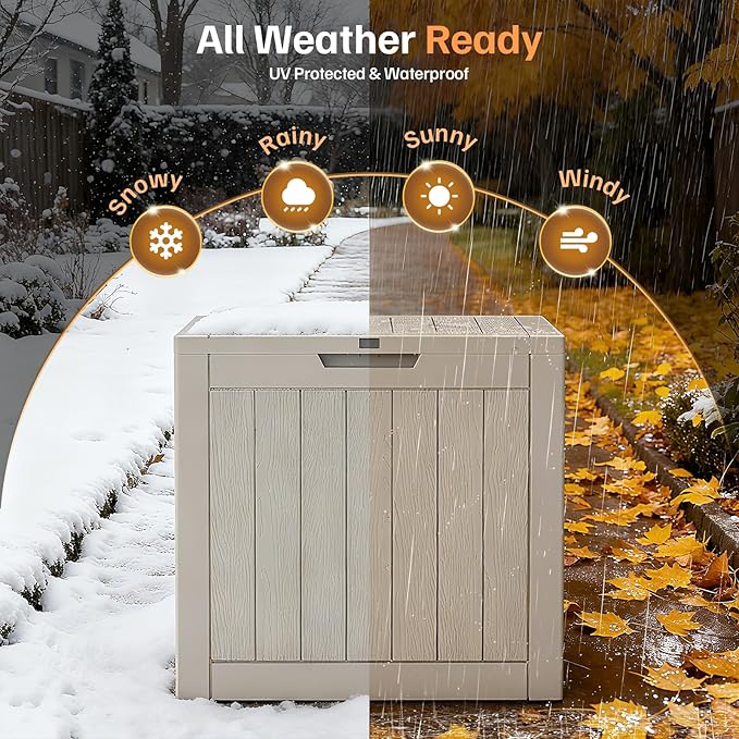 31 Gallon Deck Box, Small Outdoor Storage Box Waterproof, UV-Resistant and Weatherproof Outside Resin Storage Bin for Outdoor Patio Furniture Pillows, Pool Supplies, Garden Tools, Light Brown