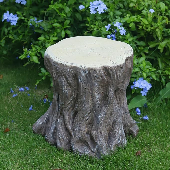 13''H Tree Stump Statue Stool with Faux Wood Grain Finish Magnesium Oxide Stump Sculpture Stump Side Table Garden Pedestals Tree Stump End Table for Indoor/Outdoor Patio Yard Garden Porch Decor