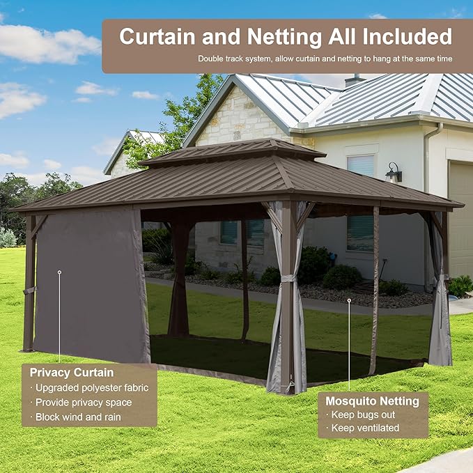 Domi Hardtop Gazebo 12x16FT, Aluminum Outdoor Gazebo with Galvanized Steel Double Roof Canopy, Curtains and Netting Included, Metal Gazebo Permanent Pavilion for Patio, Lawn, Garden, Brown