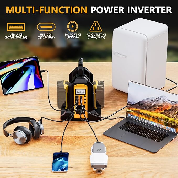 350W Power Inverter for Dewalt 20V 60V Battery, 2-Port Battery Converts 20V DC to 120V AC Inverter with LED Light, 3 USB-A, 1 USB-C, DC and AC Outlet, Portable Power Station for Outdoor Use(Tool Only)