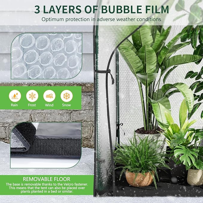 Portable Greenhouse for Outdoors, Green House Tent with Durable Bubble Film Cover and Zippered Door,Walk-in Mini Green House with Removable Mat for Indoor Outside Protecting Plant,59x59x75 Inch