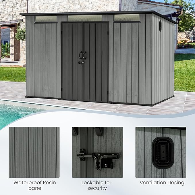 Domi 6.2x11FT Outdoor Resin Storage Shed, All-Weather Double-Wall Storage Building with Sloping Roof for Backyard, Garden, Lawn Tools, Mower, Bike & Pool Equipment, Lockable Doors, Ventilated Roof