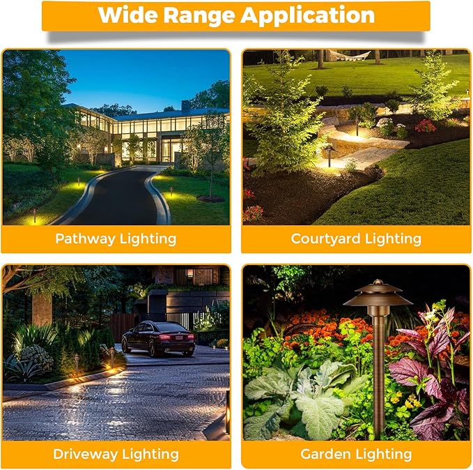 Gardencoin Solid Brass Low Voltage Landscape Pathway Lights (6'' Shade 2-Tier, 19'' Tall), 12V AC/DC LED Heavy Duty Path Lighting Outdoor Wired, Waterproof Bronze Walkway Light Without G4 Bulb, 4 Pack