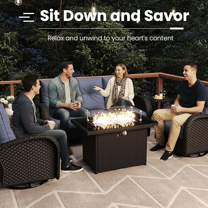 7 Pieces Patio Furniture Sets with Fire Pit Table, Wicker Rattan High Back Outdoor Swivel Rocking Chairs Set with 3-Seat Couch, Ottomans and Side Table
