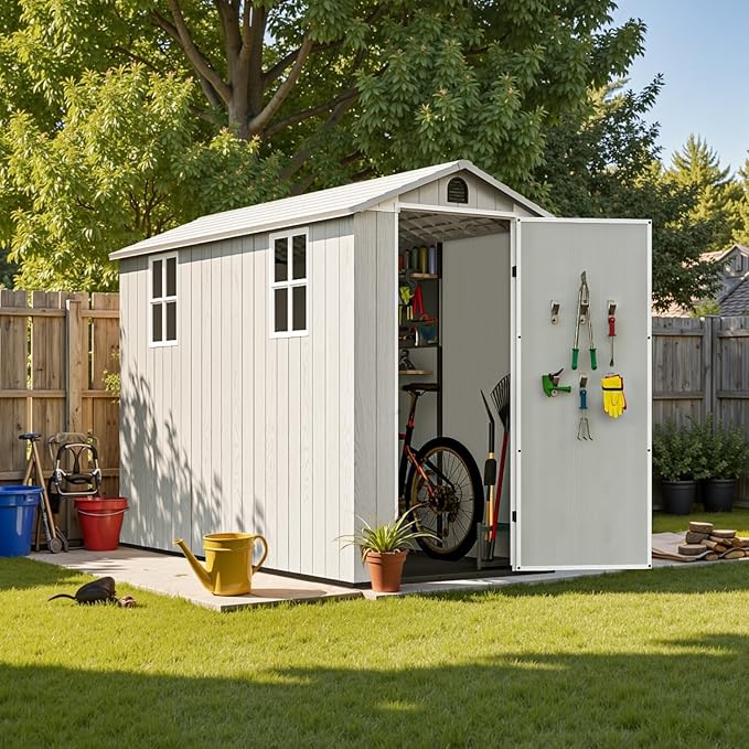 Patiowell 4x8 FT Outdoor Storage Shed with Floor & 2 Windows, Large Plastic Garden Shed with Lockable Door for Backyard, Patio, and Lawn, White (Fit-it Shed)