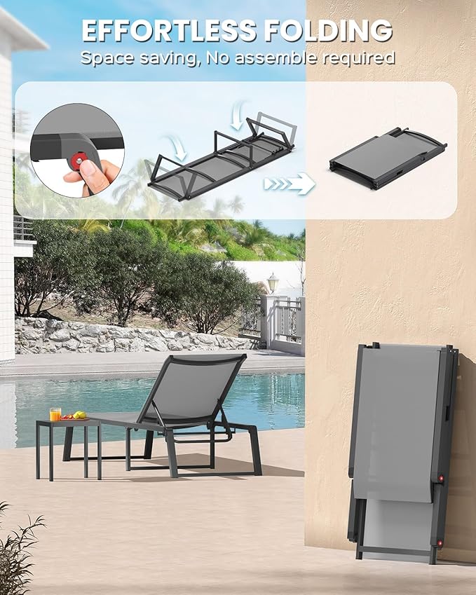 Aluminum Patio Chaise Lounge Set of 2 with 1 Side Table, Foldable Outdoor Pool Lounge Chairs 5-Position Recliner for Outside Poolside, Fully grounded legs Sun Lounger for Beach, Yard, Dark Gray