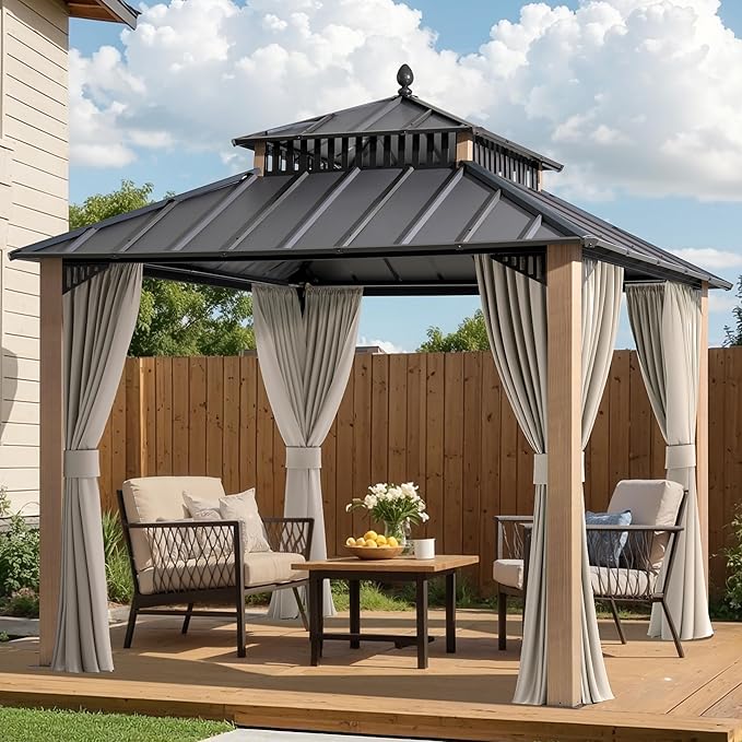 SUNJOY Kingston 10' x 10' Hardtop Gazebo with Galvanized Steel Double Roof, Curtain and Netting, Woodgrain Finish Aluminum Posts Permanent Pavilion Gazebo for Garden, Patio, Deck, Lawn