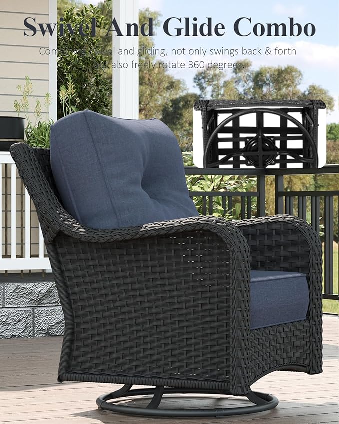 LayinSun 5 Piece Wicker Outdoor Furniture Set with 6-inch Comfy Cushions, High Back Patio Furniture Set with Swivel Rocking Chairs and Side Table
