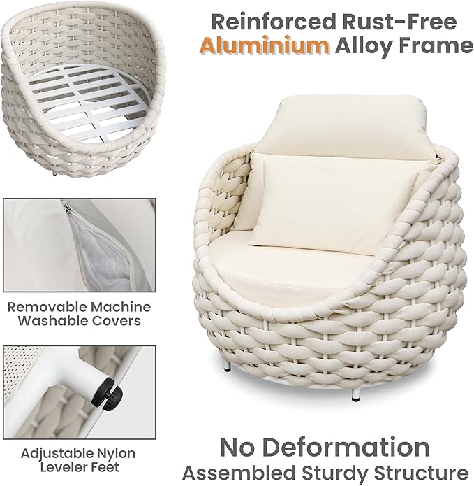 Patio Accent Chairs Set of 6: Aluminum Porch Lounge Chair with Arms - Woven Rope Cushioned Armchair - Modern One Seater Sofa - Outdoor Deck Furniture for 400lbs Balcony Yard Garden Hotel, Beige