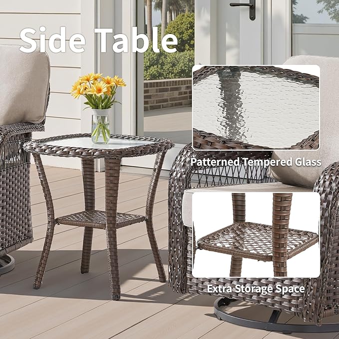 Outdoor Swivel Rocker Chairs - Patio Rocking Chairs Set of 2, 3PCS Wicker Patio Set with 5" Thick Cushion and Side Table, Rattan Patio Swivel Rocking Chairs for Porch, Deck, Backyard Beige/Brown
