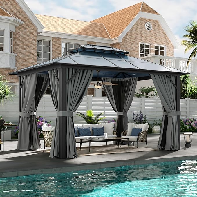 Aoxun 10'x12' Hardtop Gazebo, Aluminum Framed Outdoor Gazebo with Double Polycarbonate Roof, Durable Pavilion with Curtains & Netting for Patio, Garden, and Lawn