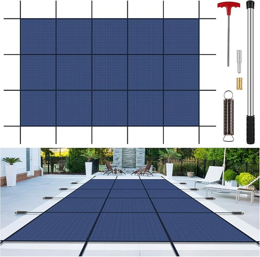 Inground Pool Cover Safety Fits Rectangle Swimming Pool, Mesh Solid Pool Cover for Inground Pools,Winter Pool Safety Cover Includes Safety Net and Installation Tools Blue (Blue, Fits 14x28ft Pools)