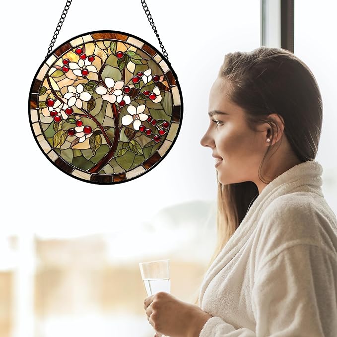 CRIS GIF Stained Glass Window Hanging - Hawthorn Tree Birth Flowers Suncatcher for Doors Garden Patio Sun Catchers Decor Christmas Mother's Day Birthday Gifts for Women Men Mom Nana Friend 11.8 in