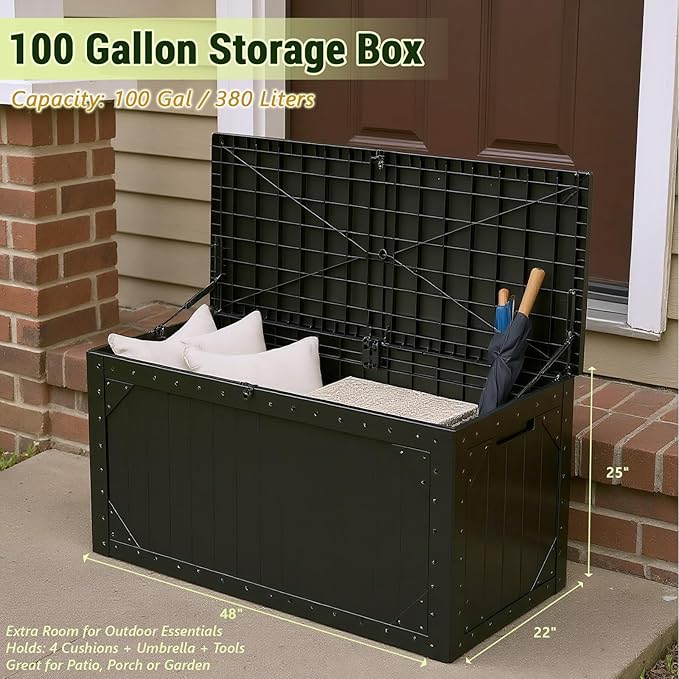 Outdoor Storage Box, 100 Gallon Deck Box Outdoor Storage Bench Outside Waterproof Resin Storage Bench, Lockable Patio Cushions, Garden Tools Storage For Furniture, UV Resistant(Black)