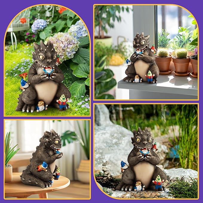 Garden Decor Statue, Dinosaur Eating Gnomes Garden Statues Outdoor Decor, Funny Monster Gnome Figurine Outside Clearance for Patio Yard Decorations Gift