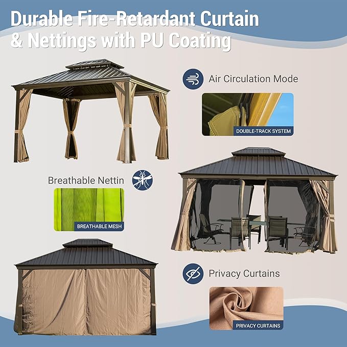 Domi 10' X 12' Hardtop Gazebo Permanent Outdoor Gazebo with Galvanized Steel Double Roof, Aluminum Frame, Curtains and Netting for Patio Lawn and Garden, Brown