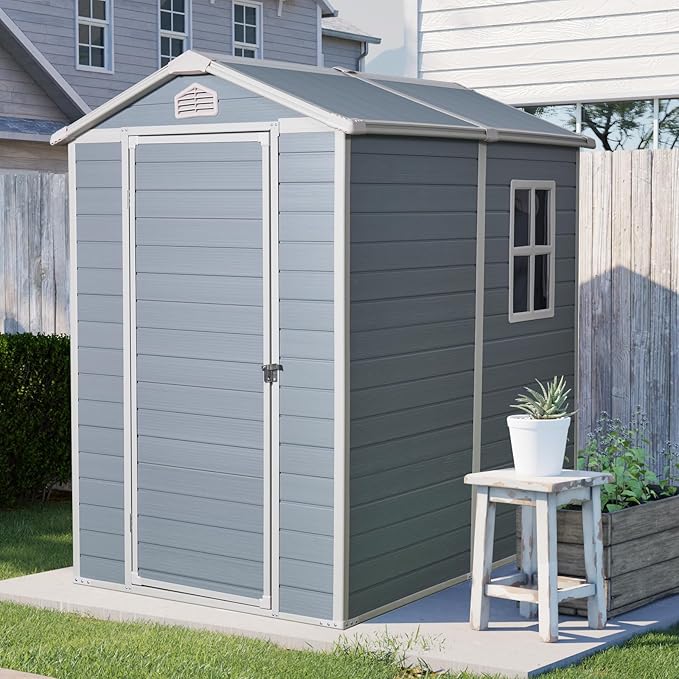 4x6 FT Resin Storage Sheds Outdoor with Floor, Windows & Lockable Door Storage Shed - Waterproof Garden Tool Shed, Patio & Backyard Tool Storage Cabinet Use - Grey