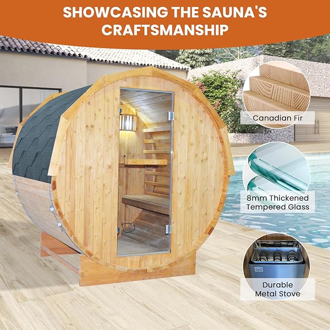 Outdoor Traditional Steam Sauna Barrel Sauna, 4 Person Outdoor Sauna 4.5KW/240V Stove Heater, Finnish Carbonized Spruce with Wooden Barrel, Spoon, Sauna Stone, LED Light - 59 * 70.9 * 75.9 in