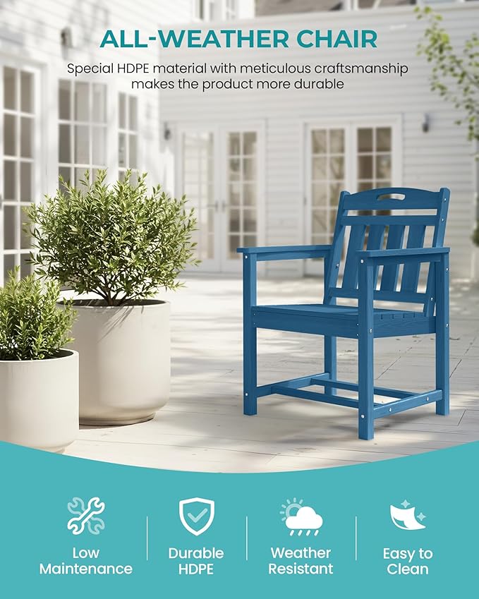 Set of 2 Weatherproof Patio Chairs - HDPE Outdoor Dining Chairs with Wide Seat, Ergonomic Design - for Garden, Backyard, Deck - Navy Blue