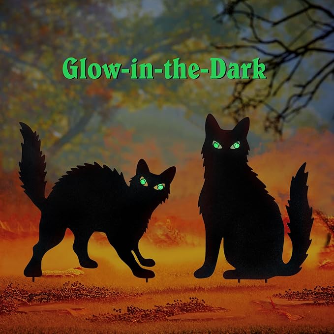 WAIU Halloween Metal Cat Yard Stakes Glow in The Dark Black Cat Silhouette Outdoor Decor for Garden Lawn Patio Spooky Halloween Party Yard Art Decoration, Set of 2