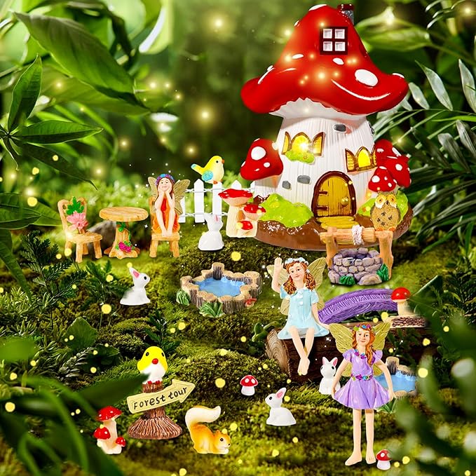 56 Pcs Fairy House Garden Kit Miniatures Fairy Garden Accessories Mini Resin Figurines Animals Decor Mushroom House Outdoor Ornaments for DIY Micro Landscape Ornament