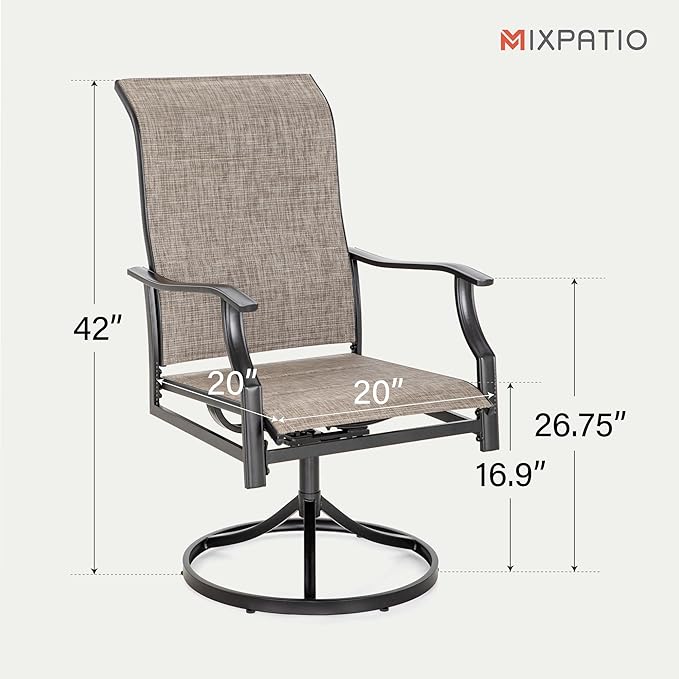 5 Pieces Patio Dining Set, Outdoor Table and Chairs, 4 x Textilene Swivel Dining Chairs and 42" Round Black Table, with 1.57" Umbrella Hole, for Cozy Garden Settings, Grayish Brown