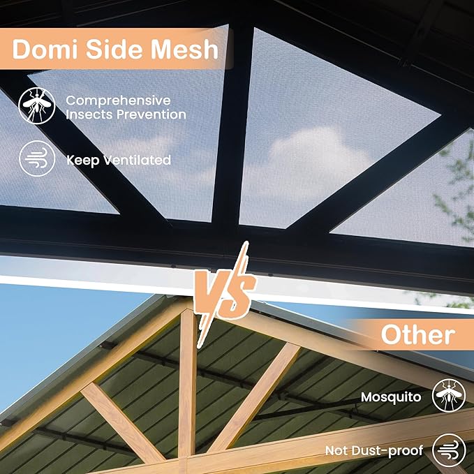 Domi 12x20FT Cedar Wood Hardtop Gazebo with Curtains and Netting, Galvanized Steel Gable Roof, Hooks, Heavy Duty Outdoor Pavilion All Weather Pergola for Patio, Deck, Backyard