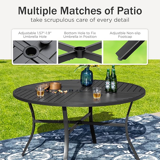 PHI VILLA 5 Pieces Outdoor Dining Set with Umbrella for 4, Round Metal Iron Dining Table & Wicker Chairs with Cushions & Large Blue Umbrella, Morden Dining Furniture for Patio, Deck, Yard, Porch