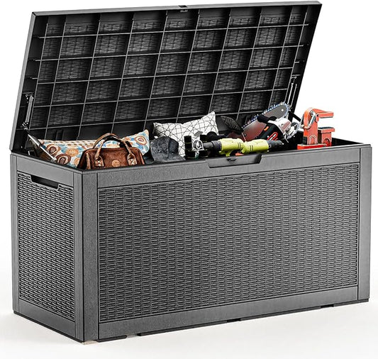 EasyUp 100 Gallon Deck Boxes Waterproof, Outdoor Large Storage Boxes with Lids, Outside Resin Storage Box & Deck Boxes for Patio, Garden Use(Black)
