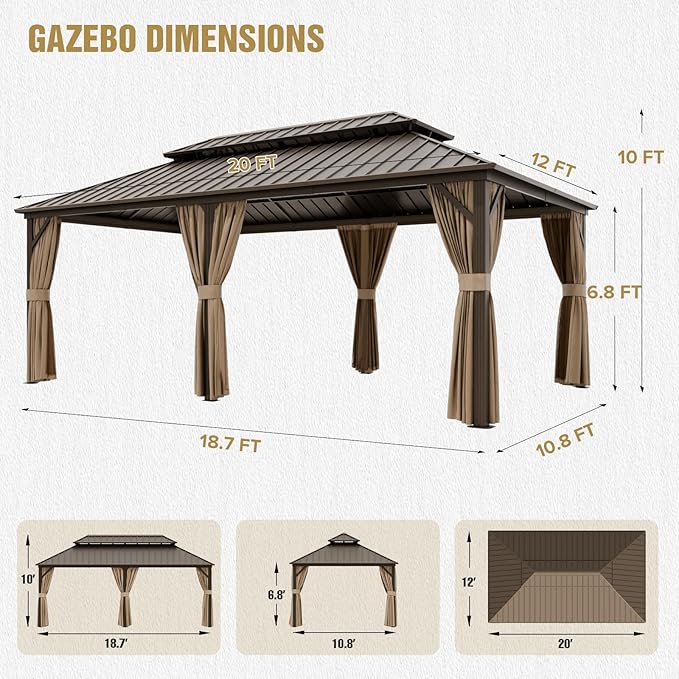 COOS BAY 12x20 Hardtop Gazebo with Aluminum Frame, Galvanized Steel Double Roof Outdoor Pavilion with Netting and Curtains, Dark Brown/Tan
